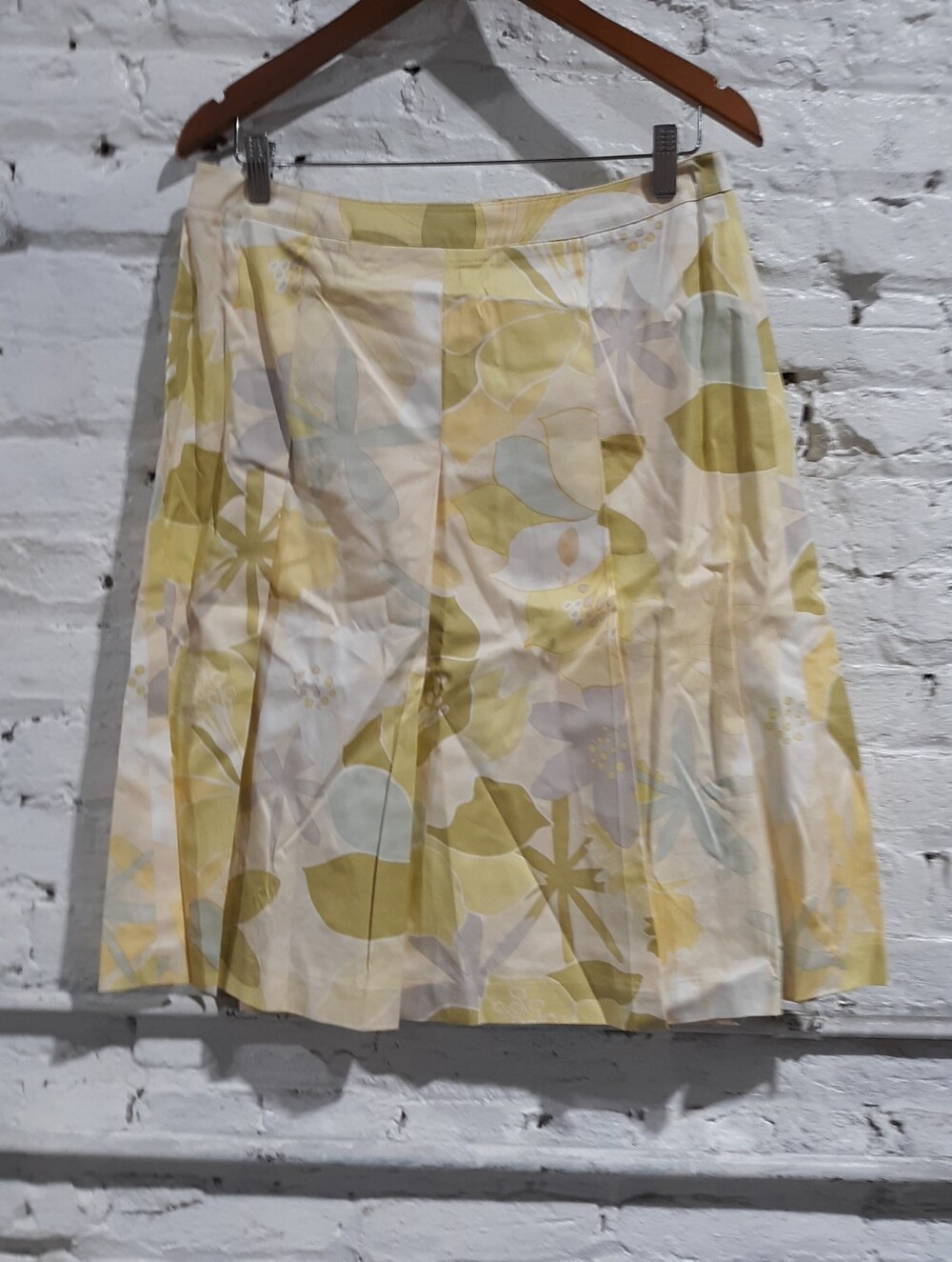 Talbots Vintage Yellow Floral 100% Cotton Pleated A-Line Skirt Size 10